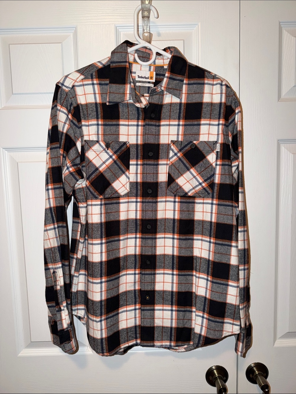 Timberland Black White and Orange Plaid Button-Up Shirt